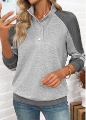 Light Grey Marl tops,Contrast Color tops,ROTITA Tummy Coverage Light Grey Marl Stand Collar Sweatshirt