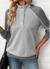 Light Grey Marl tops,Contrast Color tops,ROTITA Tummy Coverage Light Grey Marl Stand Collar Sweatshirt