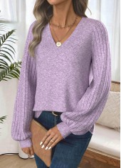 Light Purple tops,Plain Color tops,ROTITA Tummy Coverage Light Purple V Neck T Shirt