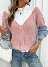 Pink tops,Contrast Color tops,Pink Round Neck Long Sleeve Sweater