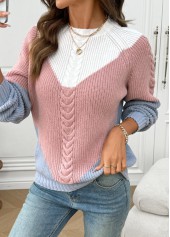 Pink tops,Contrast Color tops,Pink Round Neck Long Sleeve Sweater