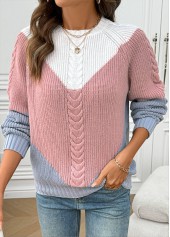 Pink tops,Contrast Color tops,Pink Round Neck Long Sleeve Sweater