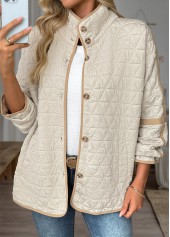 Beige tops,Contrast Color tops,ROTITA Tummy Coverage Beige Stand Collar Long Sleeve Coat