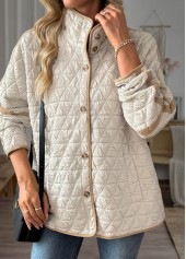 Beige tops,Contrast Color tops,ROTITA Tummy Coverage Beige Stand Collar Long Sleeve Coat
