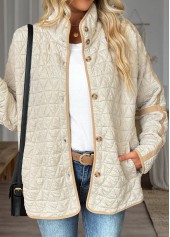 Beige tops,Contrast Color tops,ROTITA Tummy Coverage Beige Stand Collar Long Sleeve Coat