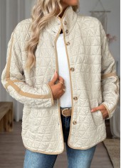 Beige tops,Contrast Color tops,ROTITA Tummy Coverage Beige Stand Collar Long Sleeve Coat