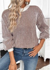 Dark Coffee tops,Contrast Color tops,Tummy Coverage Dark Coffee Round Neck Long Sleeve Sweater