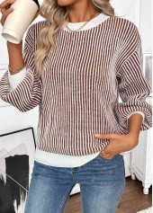 Dark Coffee tops,Contrast Color tops,Tummy Coverage Dark Coffee Round Neck Long Sleeve Sweater