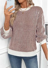 Dark Coffee tops,Contrast Color tops,Tummy Coverage Dark Coffee Round Neck Long Sleeve Sweater