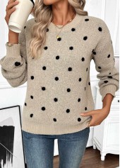 Light Camel tops,Dot tops,Tummy Coverage Polka Dot Light Camel Round Neck Sweater