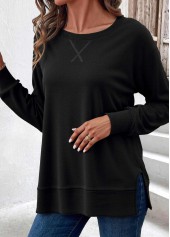 Black tops,Plain Color tops,ROTITA Tummy Coverage Black Round Neck Long Sleeve Sweatshirt