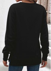 Black tops,Plain Color tops,ROTITA Tummy Coverage Black Round Neck Long Sleeve Sweatshirt