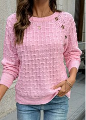 Button Pink Round Neck Long Sleeve Sweater