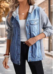 Denim Blue tops,Contrast Color tops,ROTITA Tummy Coverage Denim Blue Hooded Long Sleeve Coat
