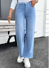 Denim Blue bottoms,Plain Color bottoms,Pocket Denim Blue Straight Leg Button Fly Jeans