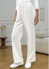 White bottoms,Plain Color bottoms,Pocket White Wide Leg Elastic Waist High Waisted Pants