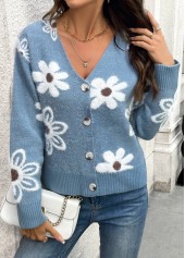 Dusty Blue tops,Floral tops,Plants tops,Tummy Coverage Floral Print Dusty Blue Long Sleeve Cardigan
