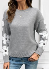 Tummy Coverage Floral Print Grey Round Neck Sweater