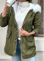 Olive Green tops,Plain Color tops,Tummy Coverage Olive Green Hooded Long Sleeve Coat