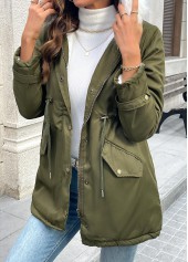 Olive Green tops,Plain Color tops,Tummy Coverage Olive Green Hooded Long Sleeve Coat
