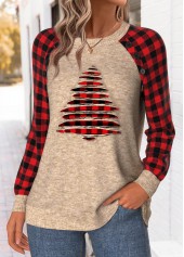 Light Camel tops,Christmas tops,ROTITA Christmas Tummy Coverage Light Camel Round Neck Sweatshirt