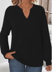 Black tops,Plain Color tops,ROTITA Black Split Neck Long Sleeve Sweatshirt
