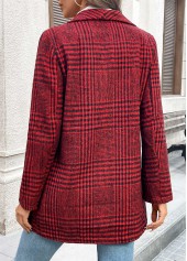 Wine Red tops,Plaid tops,Geometric tops,Button Plaid Wine Red Lapel Long Sleeve Coat
