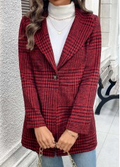 Wine Red tops,Plaid tops,Geometric tops,Button Plaid Wine Red Lapel Long Sleeve Coat