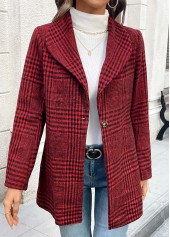 Wine Red tops,Plaid tops,Geometric tops,Button Plaid Wine Red Lapel Long Sleeve Coat