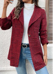 Wine Red tops,Plaid tops,Geometric tops,Button Plaid Wine Red Lapel Long Sleeve Coat