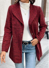 Wine Red tops,Plaid tops,Geometric tops,Button Plaid Wine Red Lapel Long Sleeve Coat