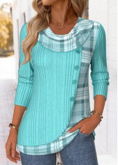 Cyan tops,Plaid tops,Geometric tops,ROTITA Patchwork Plaid Cyan Draped Neck Long Sleeve T Shirt