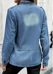 Denim Blue tops,Plain Color tops,Patch Pocket Denim Blue Stand Collar Long Sleeve Coat