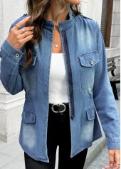 Denim Blue tops,Plain Color tops,Patch Pocket Denim Blue Stand Collar Long Sleeve Coat