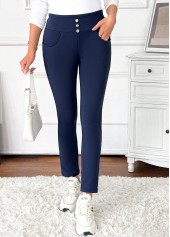 Navy bottoms,Plain Color bottoms,Pocket Navy Skinny Elastic Waist High Waisted Pants