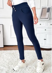 Navy bottoms,Plain Color bottoms,Pocket Navy Skinny Elastic Waist High Waisted Pants