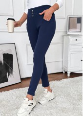 Navy bottoms,Plain Color bottoms,Pocket Navy Skinny Elastic Waist High Waisted Pants