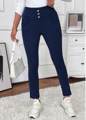 Navy bottoms,Plain Color bottoms,Pocket Navy Skinny Elastic Waist High Waisted Pants