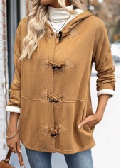 Dark Camel tops,Plain Color tops,Tummy Coverage Dark Camel Hooded Long Sleeve Coat