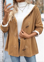 Dark Camel tops,Plain Color tops,Tummy Coverage Dark Camel Hooded Long Sleeve Coat