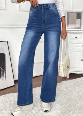 Denim Blue bottoms,Plain Color bottoms,Pocket Denim Blue Wide Leg Button Fly Pants