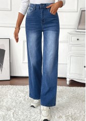 Denim Blue bottoms,Plain Color bottoms,Pocket Denim Blue Wide Leg Button Fly Pants