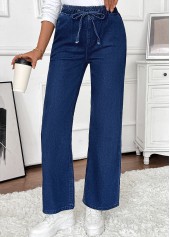 Pocket Denim Blue Wide Leg Elastic Waist Jeans