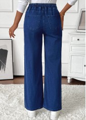 Denim Blue bottoms,Plain Color bottoms,Pocket Denim Blue Wide Leg Elastic Waist Jeans