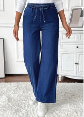 Denim Blue bottoms,Plain Color bottoms,Pocket Denim Blue Wide Leg Elastic Waist Jeans