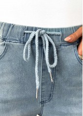 Denim Blue bottoms,Plain Color bottoms,Pocket Denim Blue Wide Leg Elastic Waist Jeans