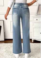 Denim Blue bottoms,Plain Color bottoms,Pocket Denim Blue Wide Leg Elastic Waist Jeans