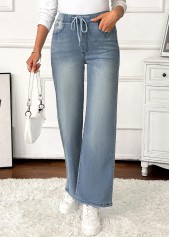 Denim Blue bottoms,Plain Color bottoms,Pocket Denim Blue Wide Leg Elastic Waist Jeans