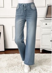 Denim Blue bottoms,Plain Color bottoms,Pocket Denim Blue Wide Leg Elastic Waist Jeans