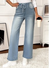 Denim Blue bottoms,Plain Color bottoms,Pocket Denim Blue Wide Leg Elastic Waist Jeans